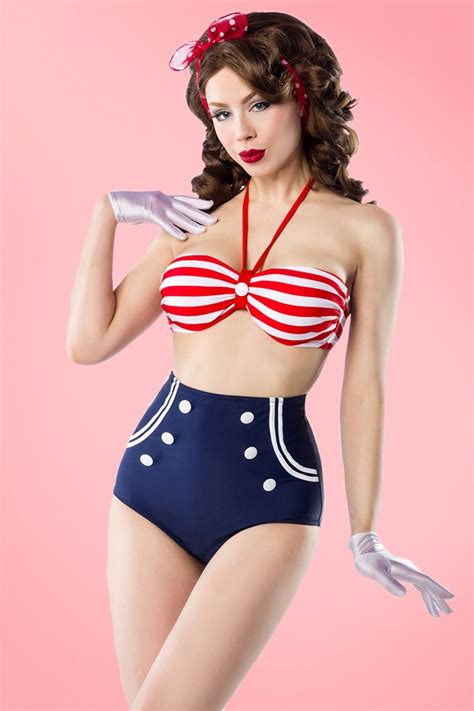 50s Joana Stripes Halter Bikini In Red White And Navy