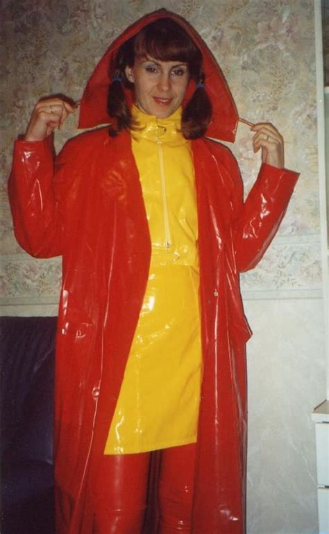 red pvc hooded raincoat rainwear girl vinyl clothing