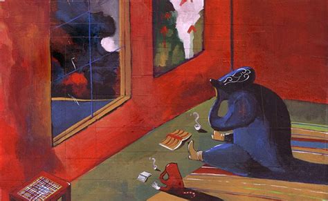 painting   bear sitting   floor  front   mirror     reflection