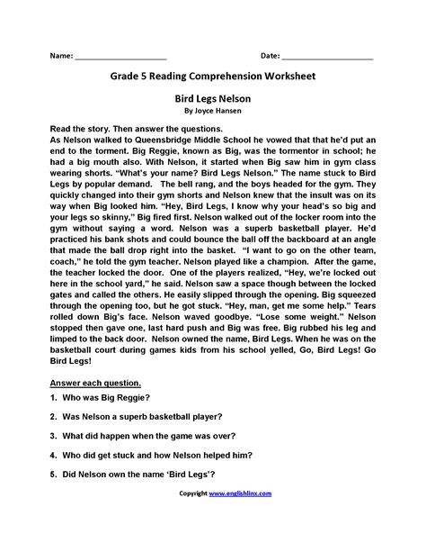 reading comprehension worksheets  grade printable worksheet