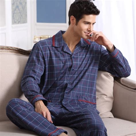 spring autumn mens pajamas long sleeve sleepwear cotton plaid cardigan pyjamas men lounge