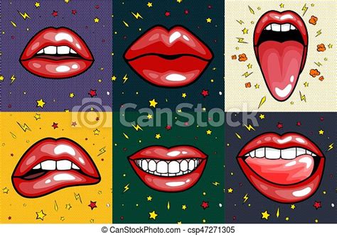 fashion women lips with red lipstick in cartoon pop art style patch