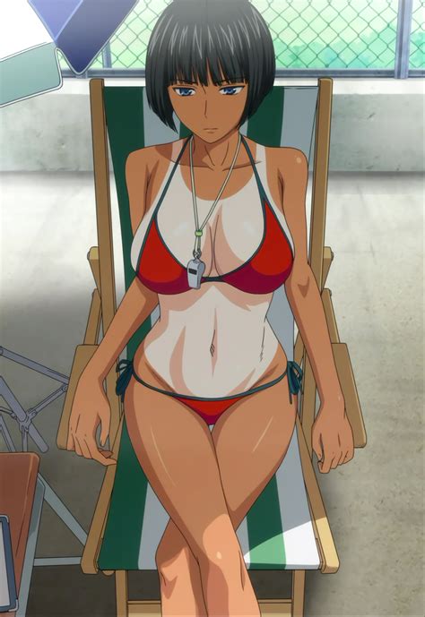 xbooru 1girl anime beach chair bikini black hair blue eyes bokura no sex breasts cleavage