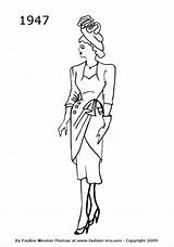 Coloring Pages Fashion 1940 Dress 1947 Colouring 1940s History 1950 Silhouettes Dresses Historical Silhouette Vintage Drawings Costume Look Sheets Draped sketch template