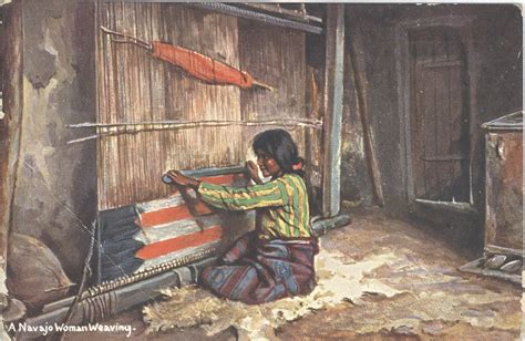 a navajo woman weaving color postcard native american