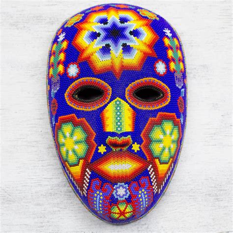 beaded huichol mask mexican folk art handmade  mexico estrella novica