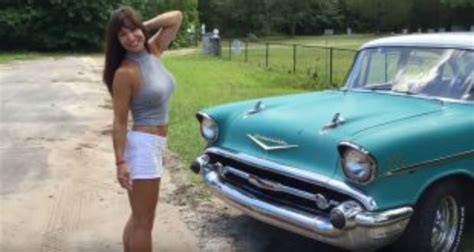gorgeous  year  farm girl drives  equally gorgeous  chevy classic muscle cars