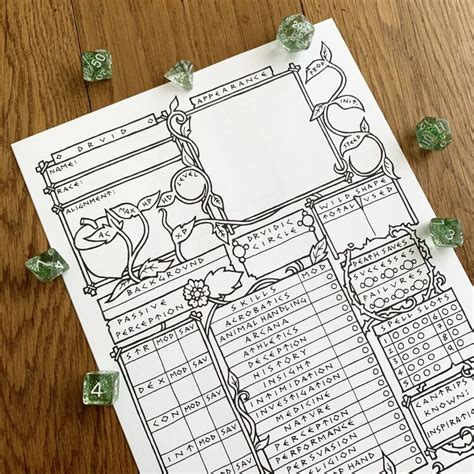 5e druid class character sheet — penflower ink dnd character sheet