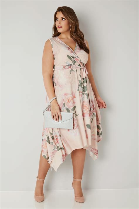 yours london pink and multi floral wrap dress with hanky hem