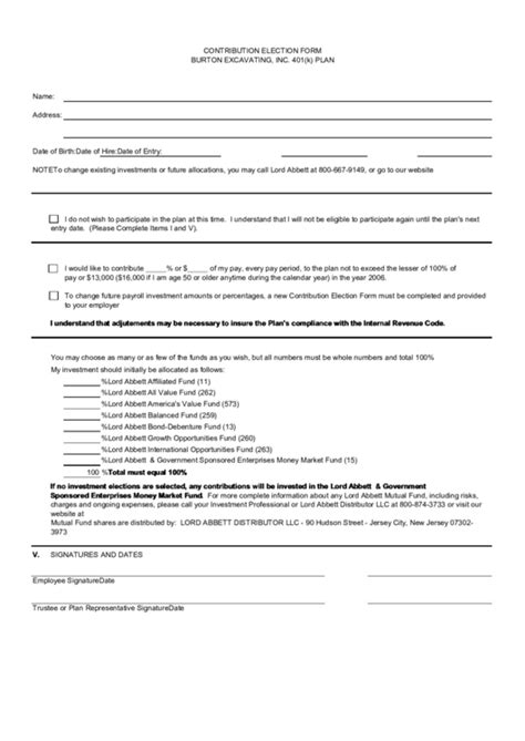 contribution election form burton excavating   plan