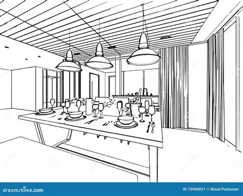 outline sketch drawing interior perspective  house stock vector