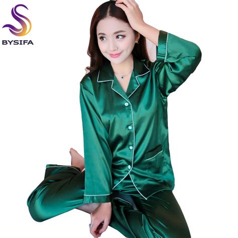 buy spring autumn dark green silk pajamas set  ladies   home apparel