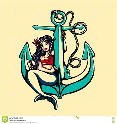 siren mermaid pinup girl sitting on anchor tattoo vector stock vector illustration of revival