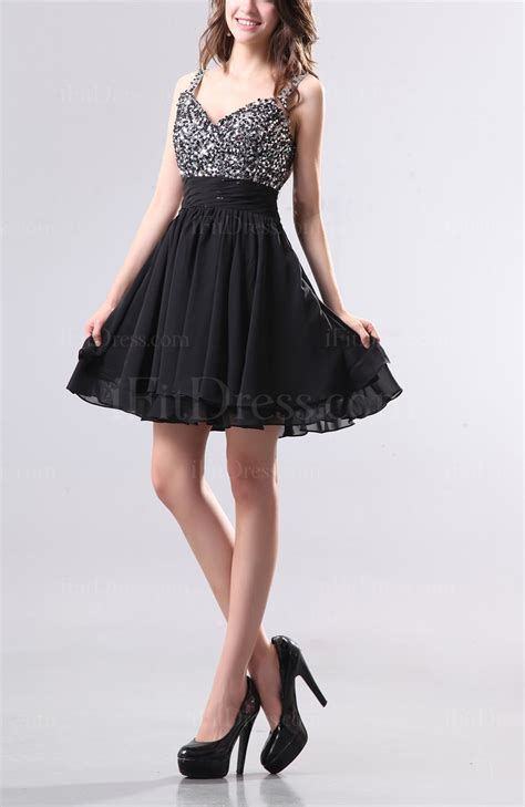 black cute thick straps backless chiffon mini pleated party dresses