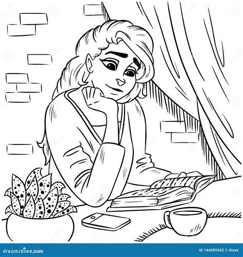 young lady reading  book outline coloring vector image stock vector