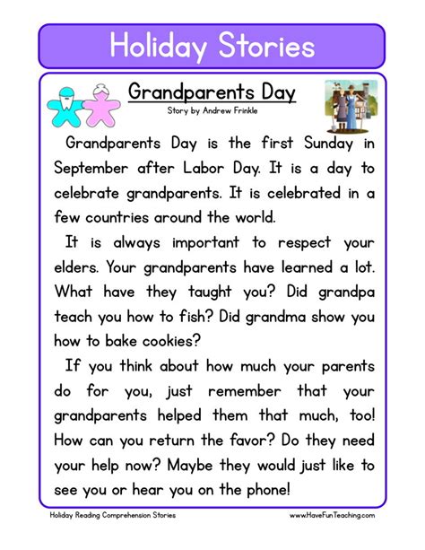 reading comprehension worksheet grandparents day
