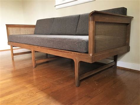 mid century modern walnut rattan sofa  drexel furniture company epoch