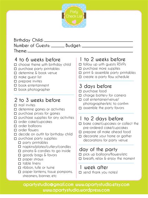 printable party checklist birthday party planner party