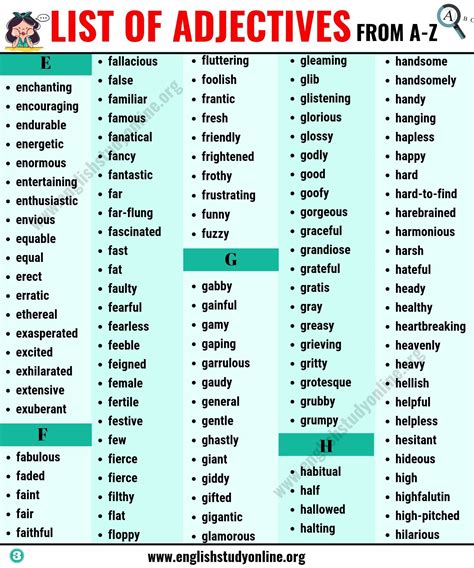 list  adjectives  adjectives      esl learners english study