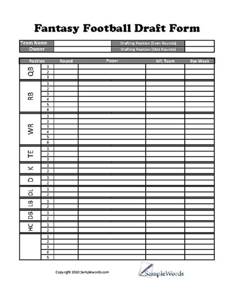 printable fantasy football draft sheet template  printable templates