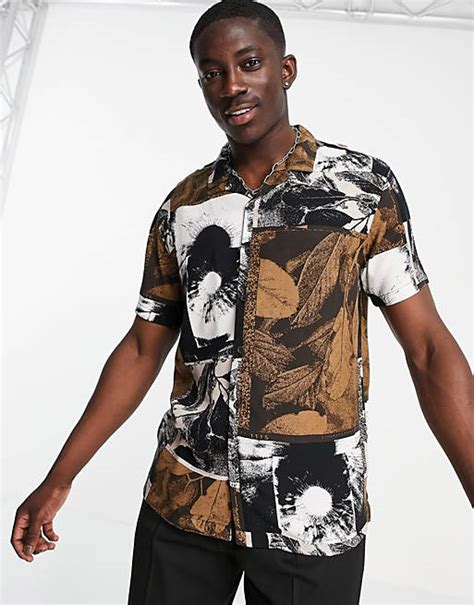 bershka overhemd met fotografische bladerprint  bruin asos