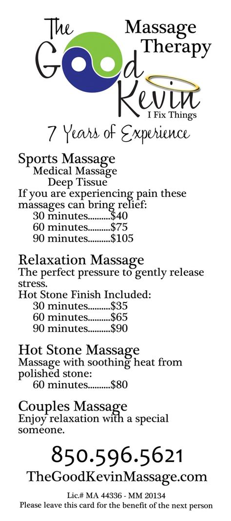 Rack Cards For The Good Kevin Massage Therapist Side 1 Massage
