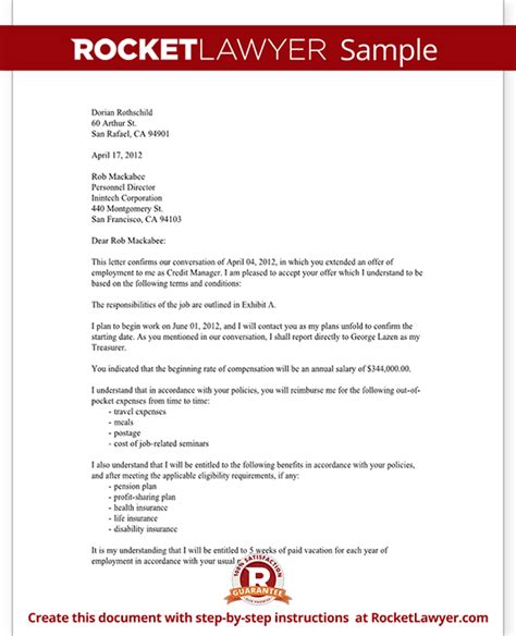 employment acceptance letter job acceptance letter  sample