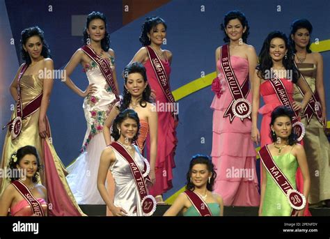 Beauty Pageant Contestants Model Their Evening Gowns During The Miss