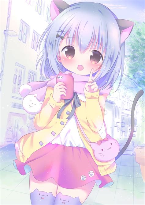 Anime Art ~♡ Cat Girl Neko Cat Ears Nekomimi Cat Tail Blue