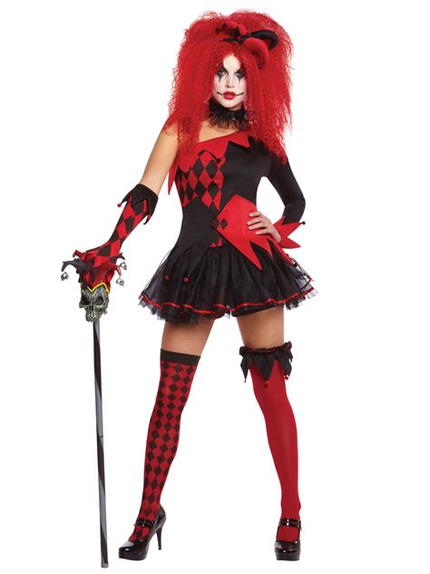 femmes evil jesterina sexy harlequin clown costume halloween fancy