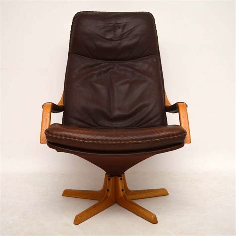 danish retro leather swivel armchair and stool vintage 1970 s