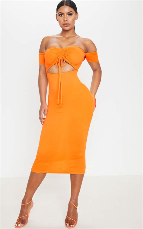 orange ribbed bardot ruched midi dress prettylittlething usa