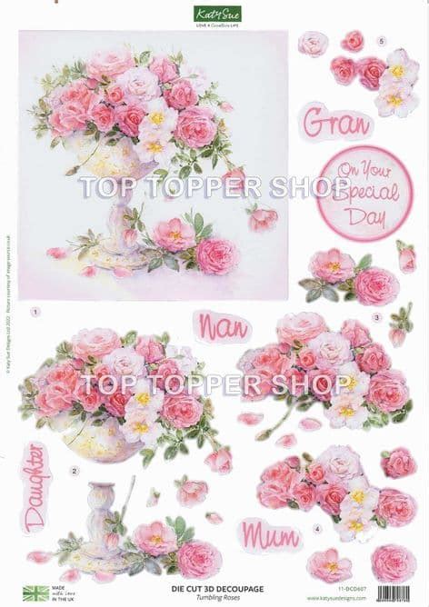 Tumbling Roses A4 Die Cut Decoupage Sheet Katy Sue Designs