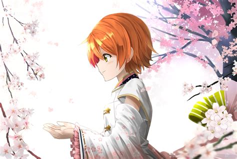 anime girl with short orange hair and green eyes gambarku