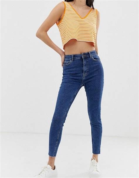 bershka super high waist jean  blue asos  skinny jeans distressed skinny jeans