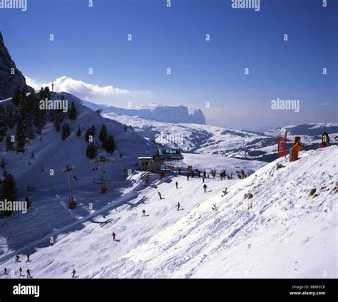 skiers  snowboarders ciampinoi lift selva val gardena dolomites stock photo royalty