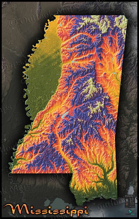 mississippi wall map colorful artistic topographic style