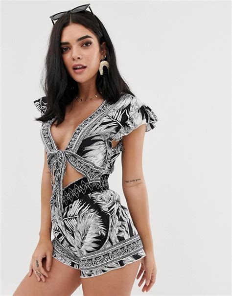 river island beach playsuit  knot front  scarf print asos