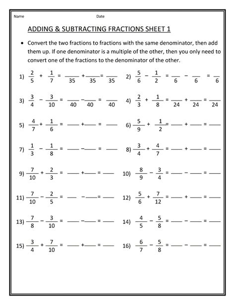 addition  subtraction fraction worksheets worksheet school