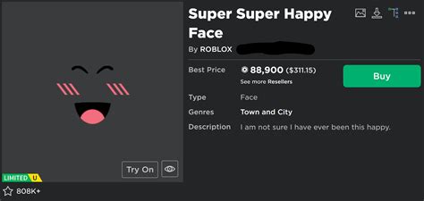 Roblox Limited Super Super Happy Face Etsy