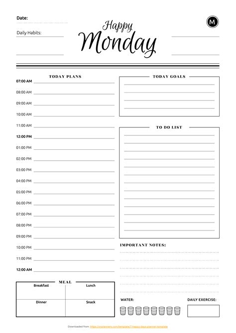 printable  happy days planner template   daily work