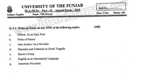 paper ma msc part  punjab university english paper  subjective