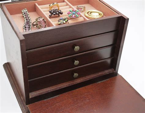 french wood jewelry chest  drawers  mirror  handle vintage
