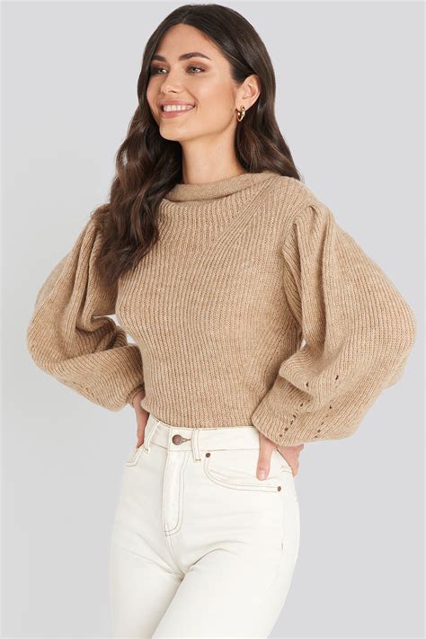 ribbed high neck ballon sleeve knitted sweater beige na