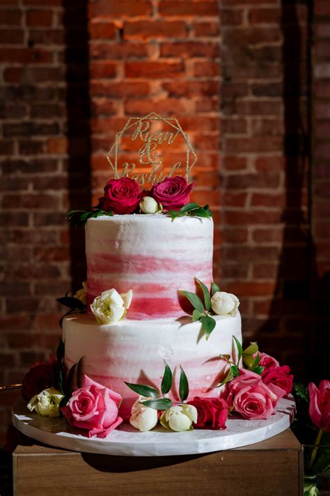 tier pink ombre wedding cake  pink  white roses  gold glitter geometric cake