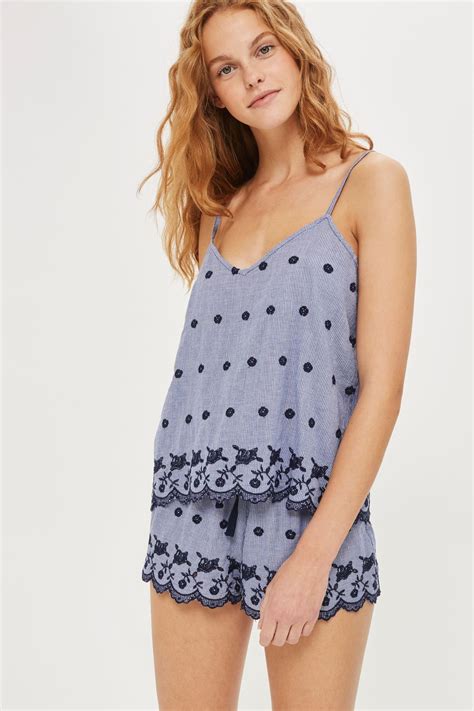 gingham embroidered blue denim pyjama shorts topshop uk affiliate
