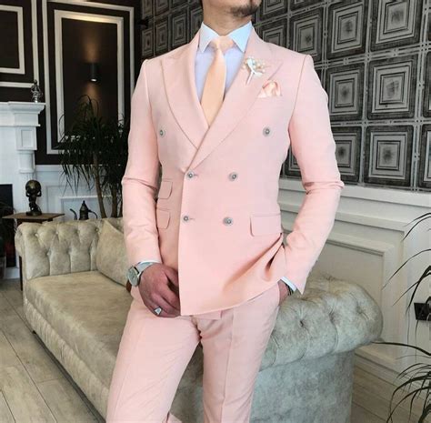 men suits peach  piece slim fit double breasted formal etsy