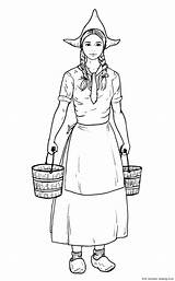 Milkmaid Drawing Dutch Draw Eu Oldfashioned Wearing Farm Clothes Classic Woman sketch template