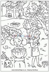 Picking Colouring Apples Coloring Village Activity Explore Harvest Pages sketch template