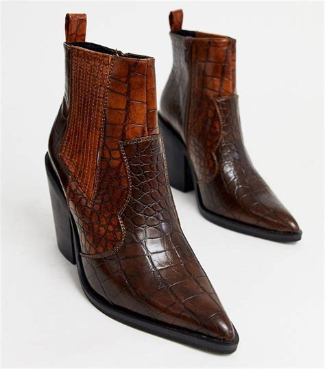 asos design elliot western boots  brown croc western ankle boots heeled ankle boots leather